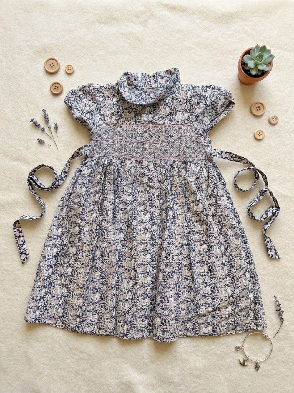 Question Everything Girls' Floral Smocked Dress in Blue and Cream